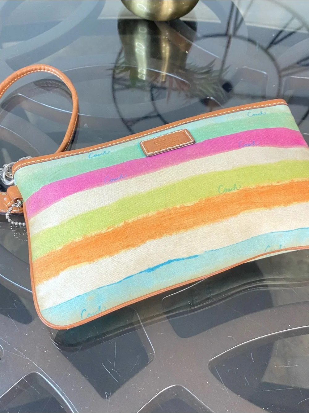 Coach Watercolor Rainbow Stripe Canvas Leather Wristlet Pouch Multicolor 41202
